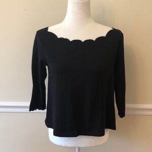 Anthropologie Eri + Ali Black Scalloped Neck Top 3/4 Sleeves Size Small EUC